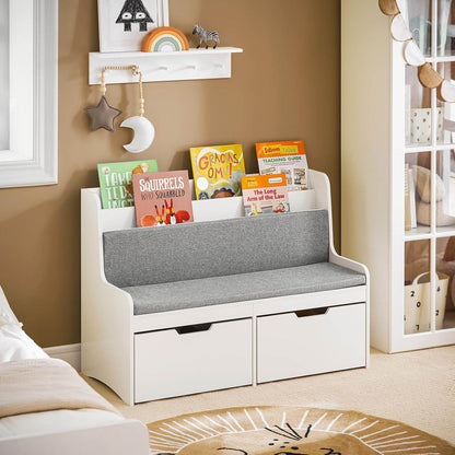 Sitzbank mit Bücherregal und Sitzkissen | Spielzeugtruhe | Aufbewahrungsbox mit Rollen | Weiss - Palo24