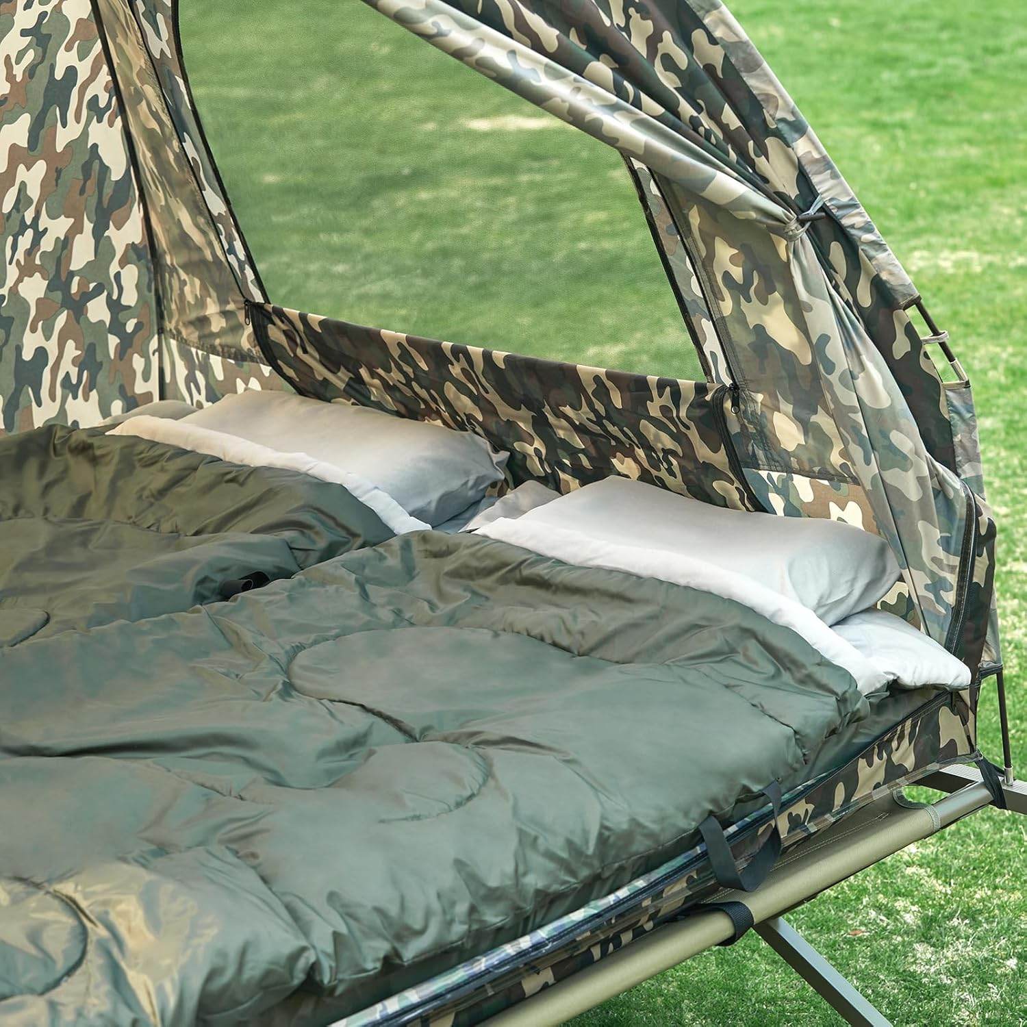 zelt bett 2 personen 4in1-Zelt Für 2 Personen Wurfzelt Feldbett Mit Campingliege Tarnfarbe