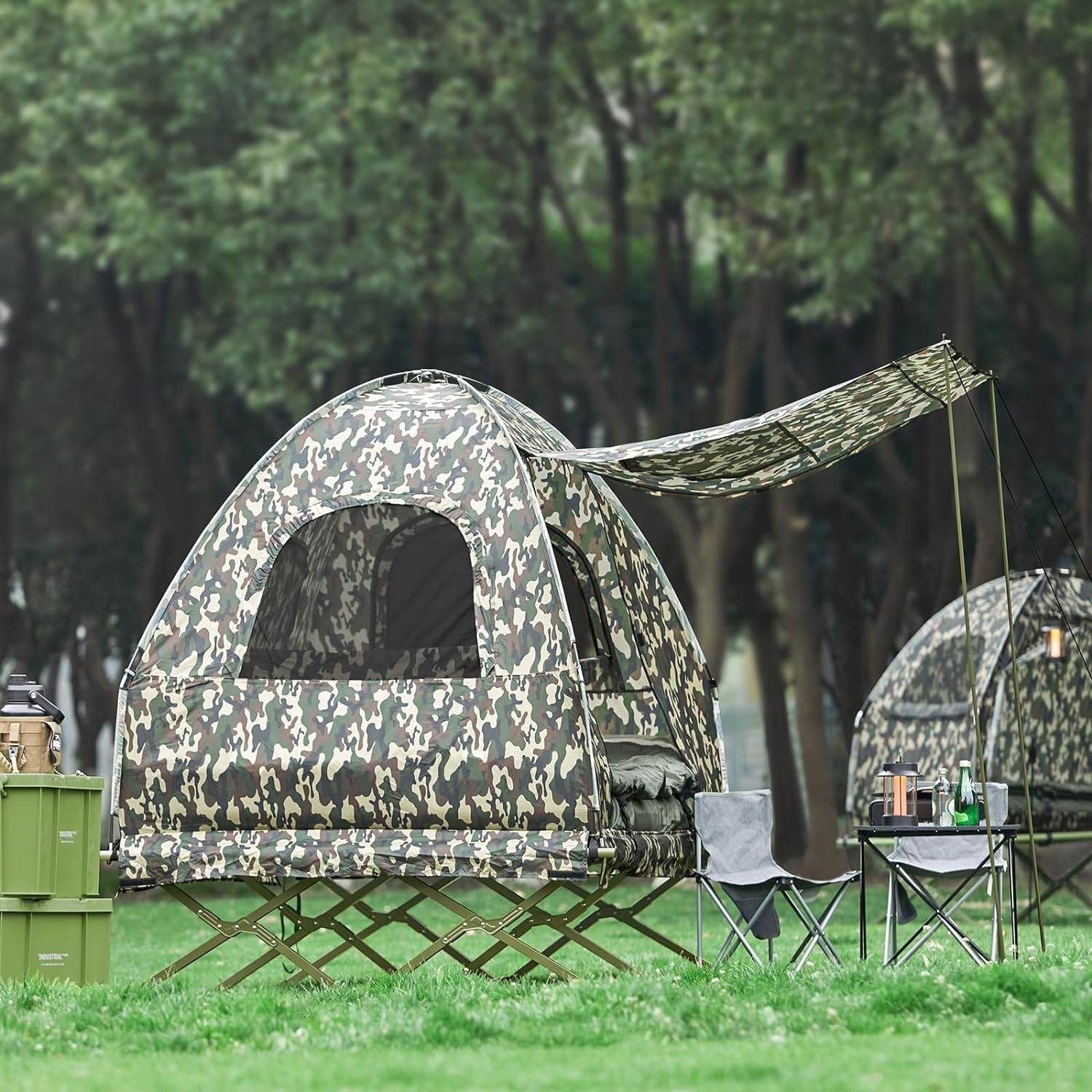 4in1 zelt 4in1-Zelt Mit Vorzelt Für 2 Personen Wurfzelt Feldbett Mit Campingliege Tarnfarbe