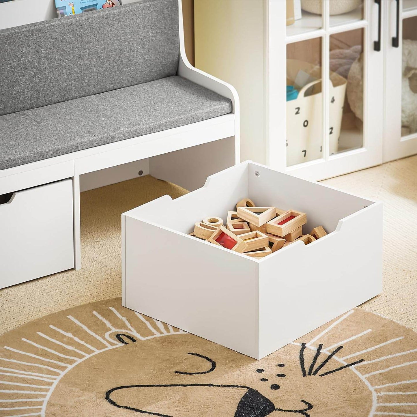 Sitzbank mit Bücherregal und Sitzkissen | Spielzeugtruhe | Aufbewahrungsbox mit Rollen | Weiss - Palo24