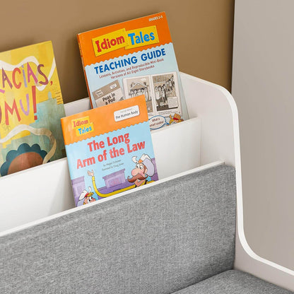 Sitzbank mit Bücherregal und Sitzkissen | Spielzeugtruhe | Aufbewahrungsbox mit Rollen | Weiss - Palo24