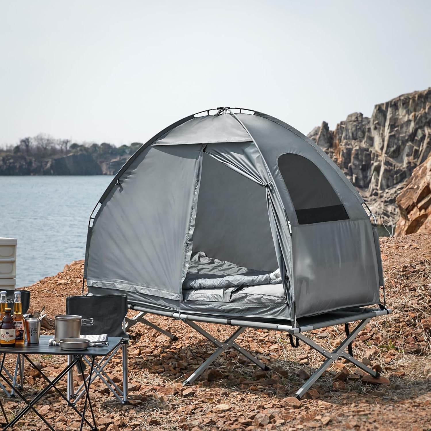 4in1-Zelt Für 1 Person Wurfzelt Feldbett Mit Campingliege Hellgrau - Palo24