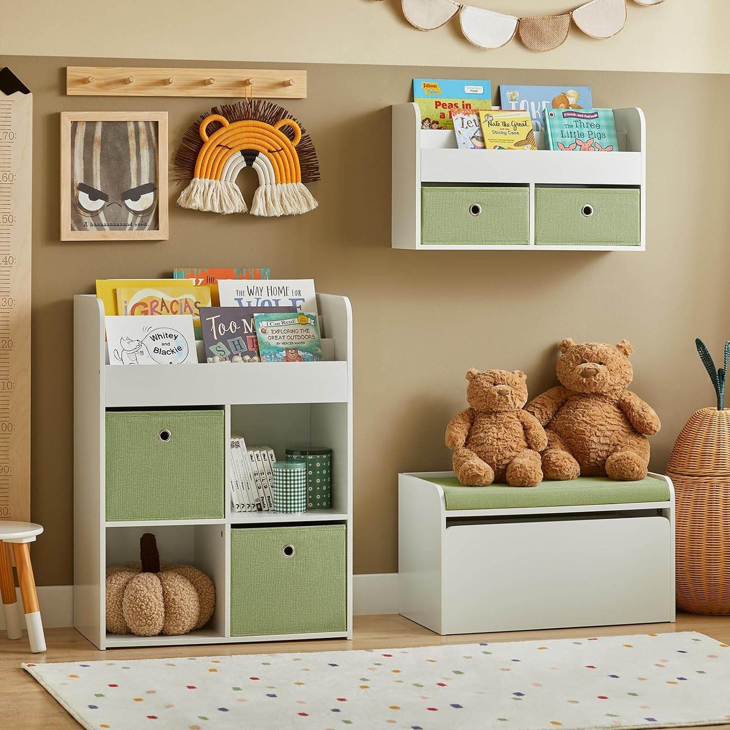 Kinderregal | Wandgarderobe | Bücherregal für Kinder | Grün Weiss KMB81-W - Palo24