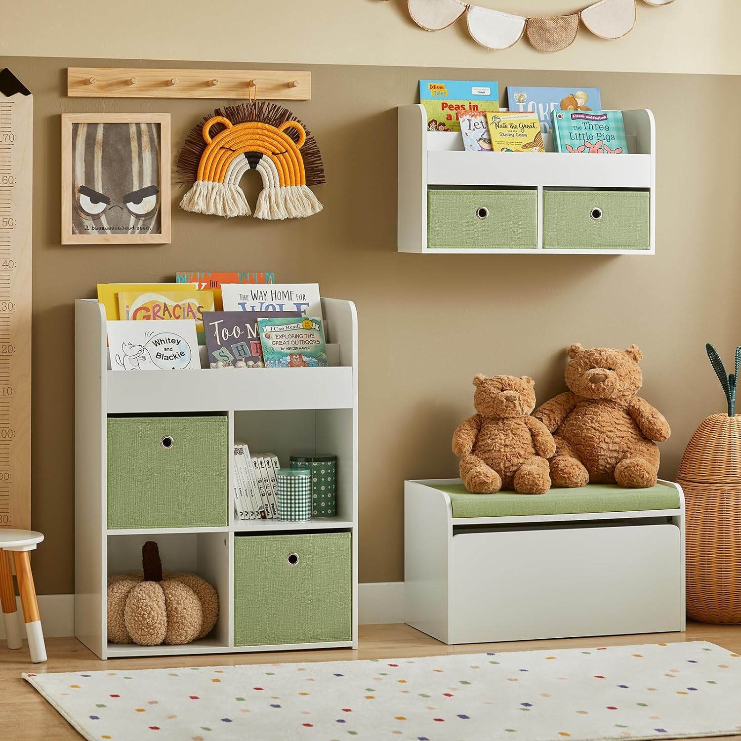 Kinderregal | Wandgarderobe | Bücherregal für Kinder | Grün Weiss KMB81-W - Palo24