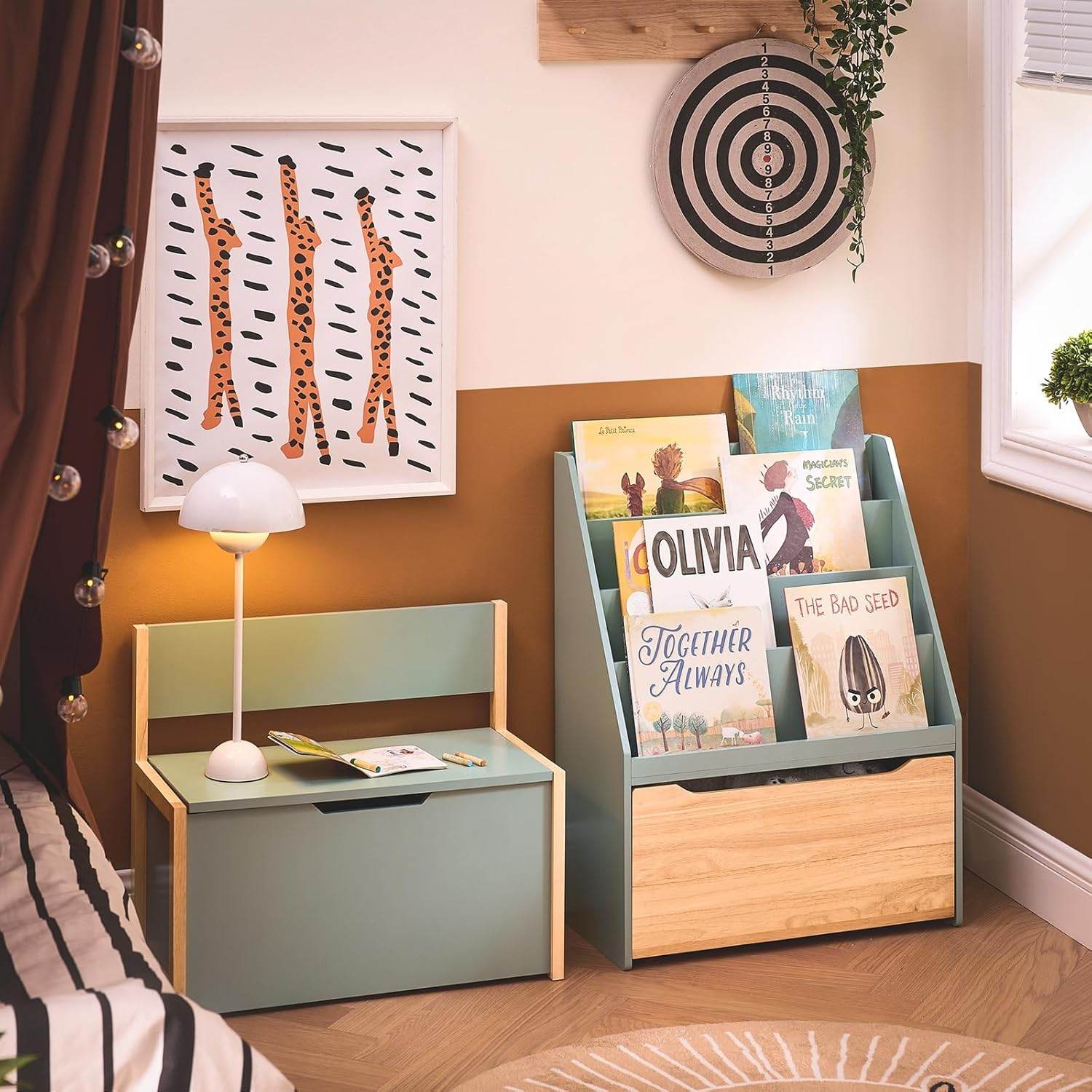 Kinder Bücherregal | Spielzeugtruhe | Aufbewahrungsregal Kinderzimmer | Grün-Natur - Palo24