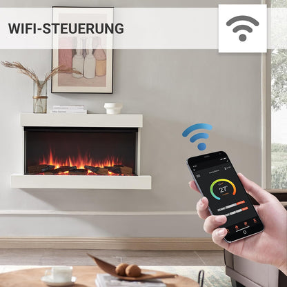 Elektrischer Wandkamin mit 3D-Flammeneffekt | Heizung 1500W, LED-Beleuchtung | Weiss