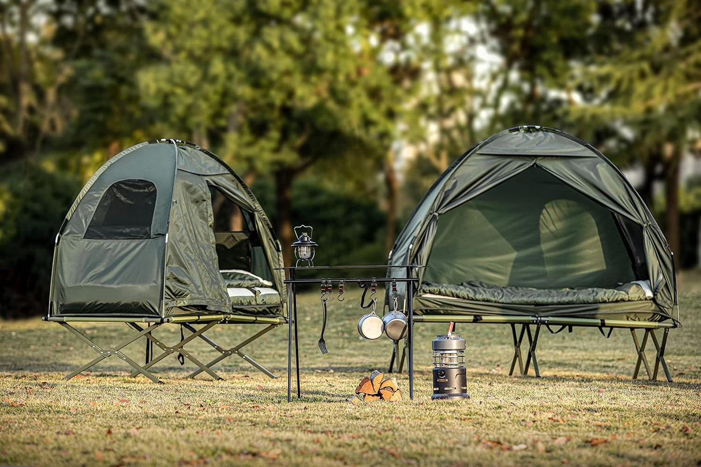 4in1-Zelt Für 2 Personen Wurfzelt Feldbett Mit Campingliege Grün