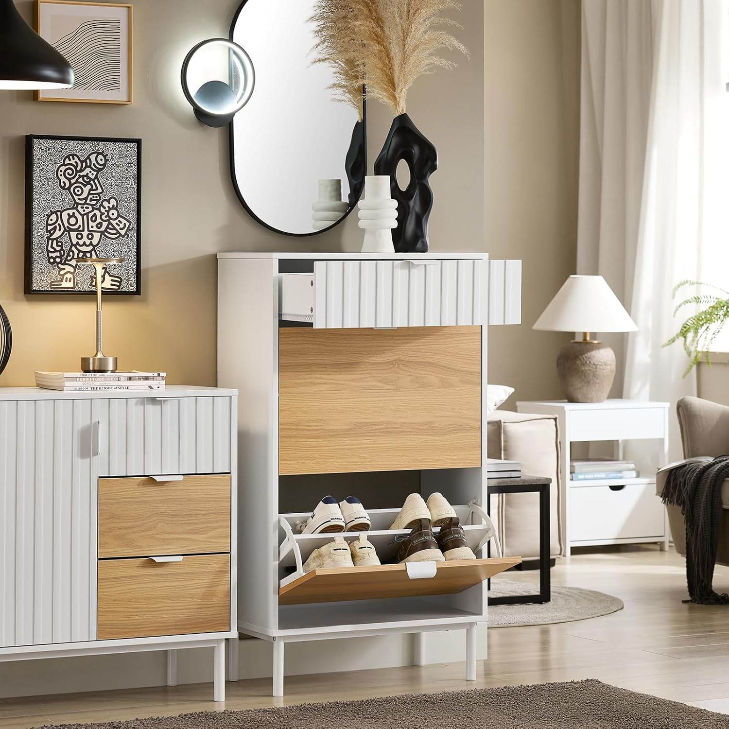 Schuhkipper mit 2 Klappen | Schuhschrank schmal | Schuhkommode | Weiss-Natur - Palo24