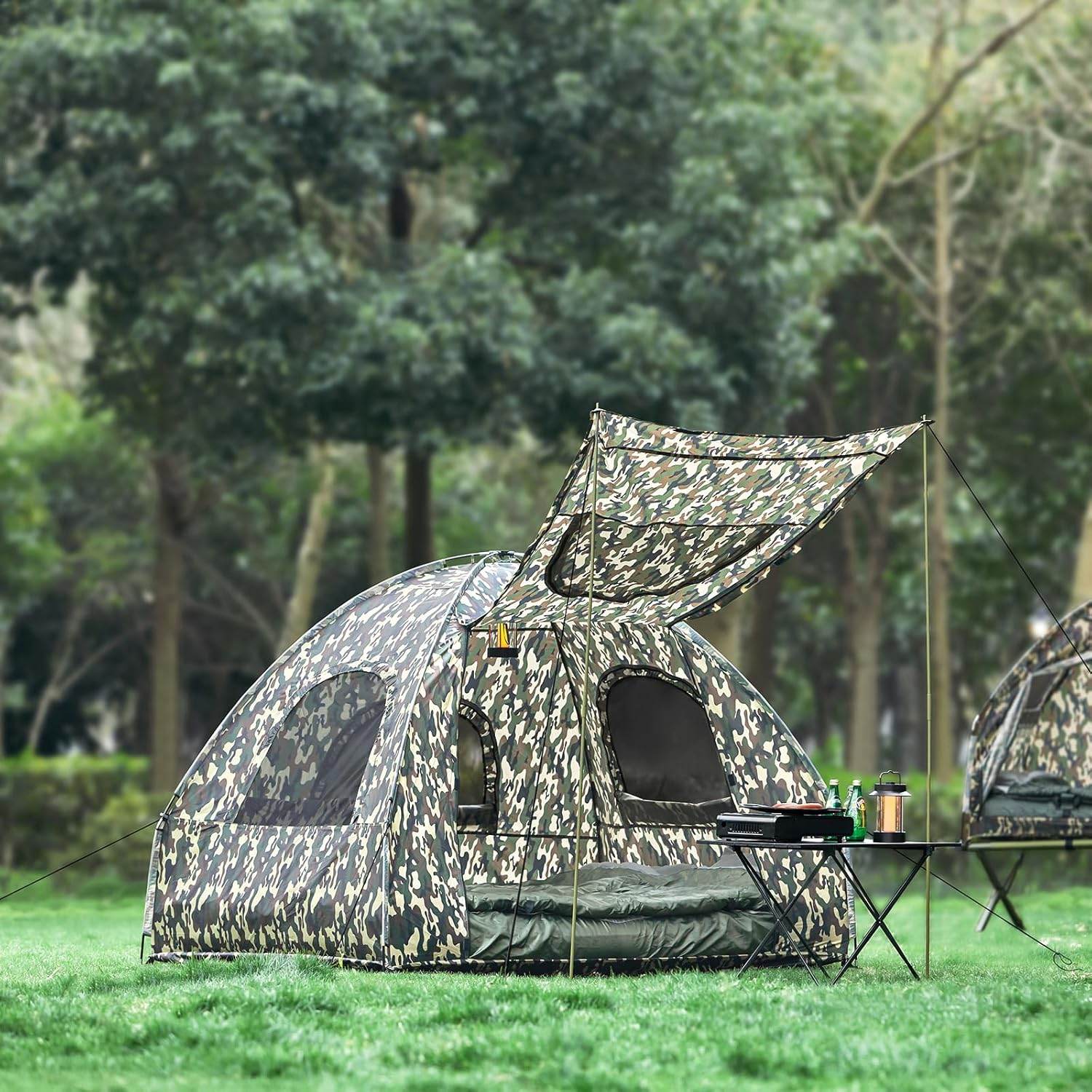 wurfzelt tarnfarbe 4in1-Zelt Mit Vorzelt Für 2 Personen Wurfzelt Feldbett Mit Campingliege Tarnfarbe
