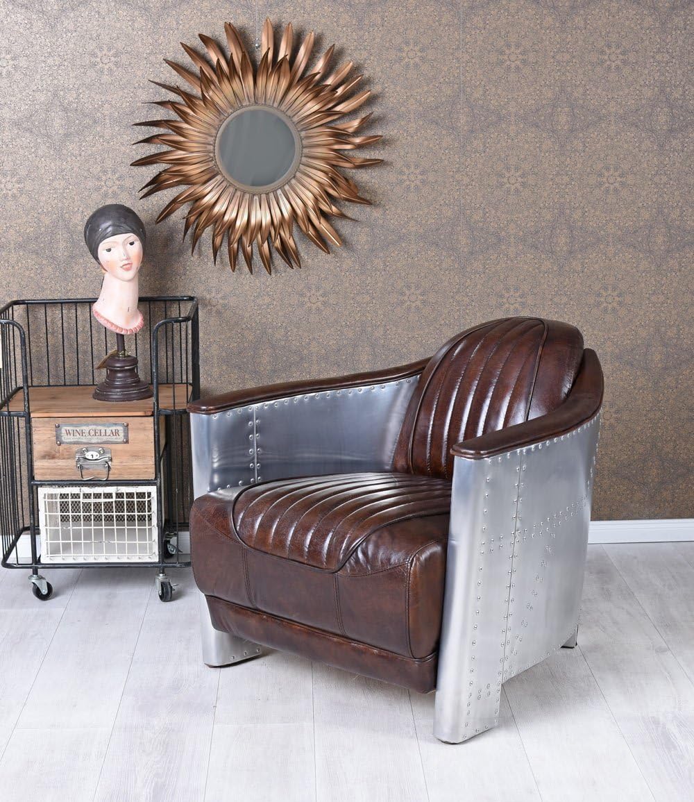 Ledersessel Flugzeug Design Clubsessel Leder & Metall gepolster Sessel Aviator - Palo24