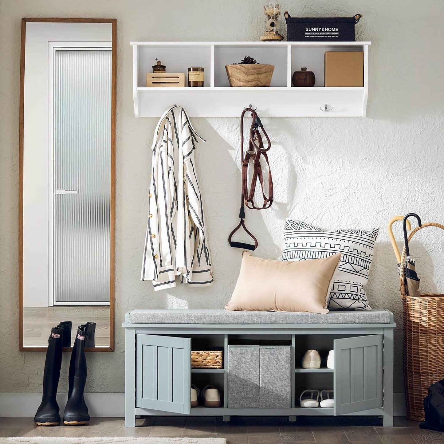 Sitzkommode | Schuhbank mit Sitzfläche | Sitzbank mit 1 Korb | Hellgrau - Palo24