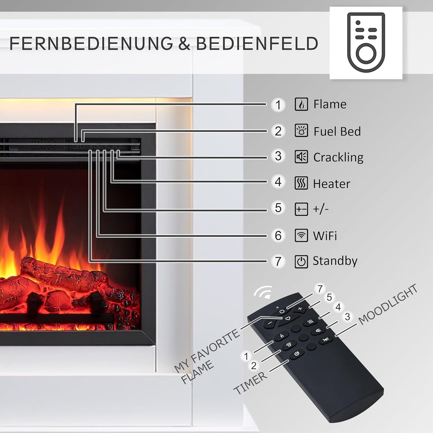 BALDERIA Baldur camino elettrico con riscaldamento fino a 2000W, effetto fiamma 3D bianco