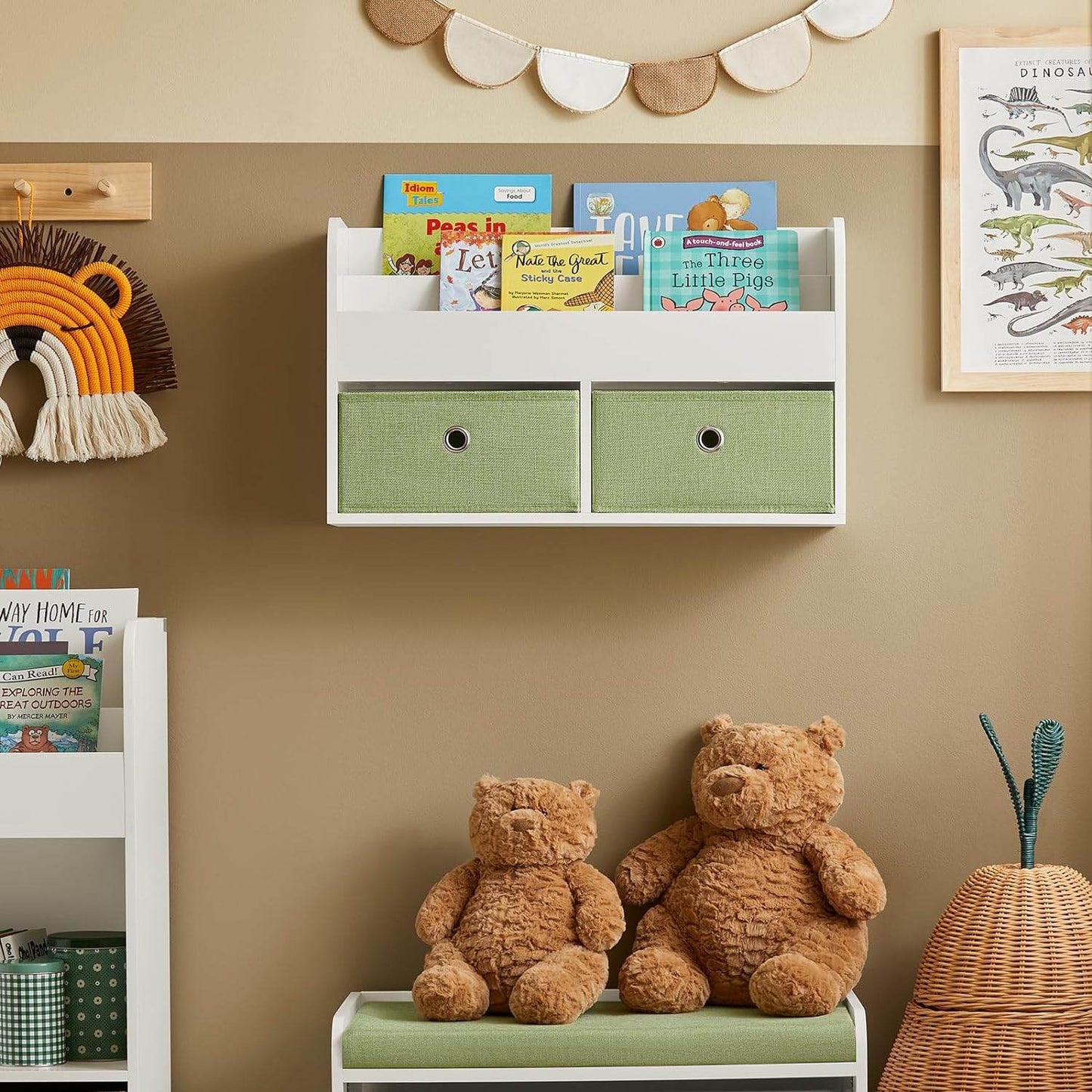 Kinderregal | Wandgarderobe | Bücherregal für Kinder | Grün Weiss KMB81-W - Palo24