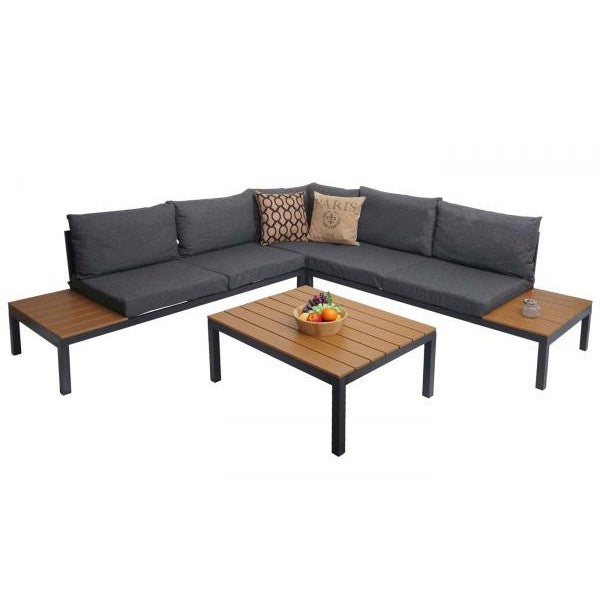 Garten Garnitur HWC-H54b, Garnitur Sitzgruppe Garten-/Lounge-Set Sofa, Olefin Polywood Alu ~ Polster dunkelgrau