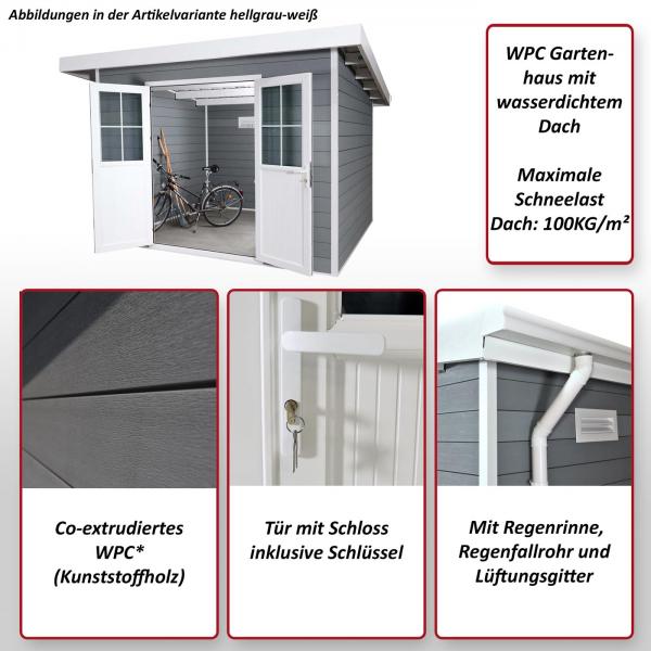 WPC Gartenhaus mit Pultdach HWC-J94, Gerätehaus Geräteschuppen, 245x366x354cm ~ graphit-weiss