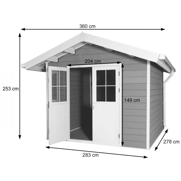 WPC Gartenhaus mit Satteldach HWC-J94, Gerätehaus Geräteschuppen, 253x360x366cm ~ graphit-weiss