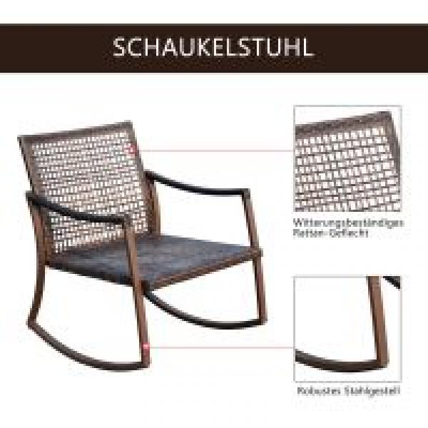 Gartengarnitur Schaukelstuhl Set Sitzgruppe 3 tlg. mit Kissen Rattan Braun