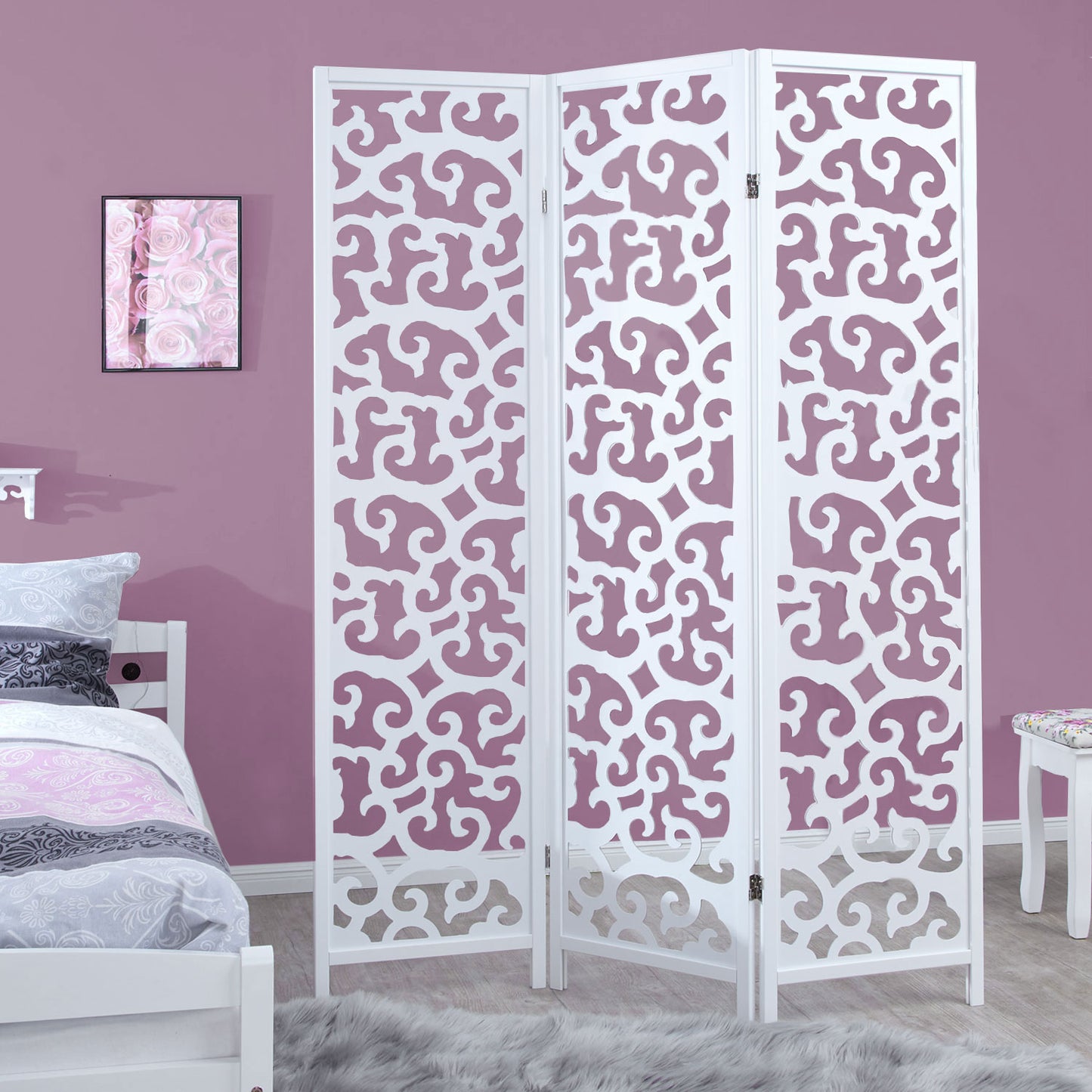 Paravent Weiss Verzierungen| 3 teilig | Holz | Raumteiler Trennwand Sichtschutz