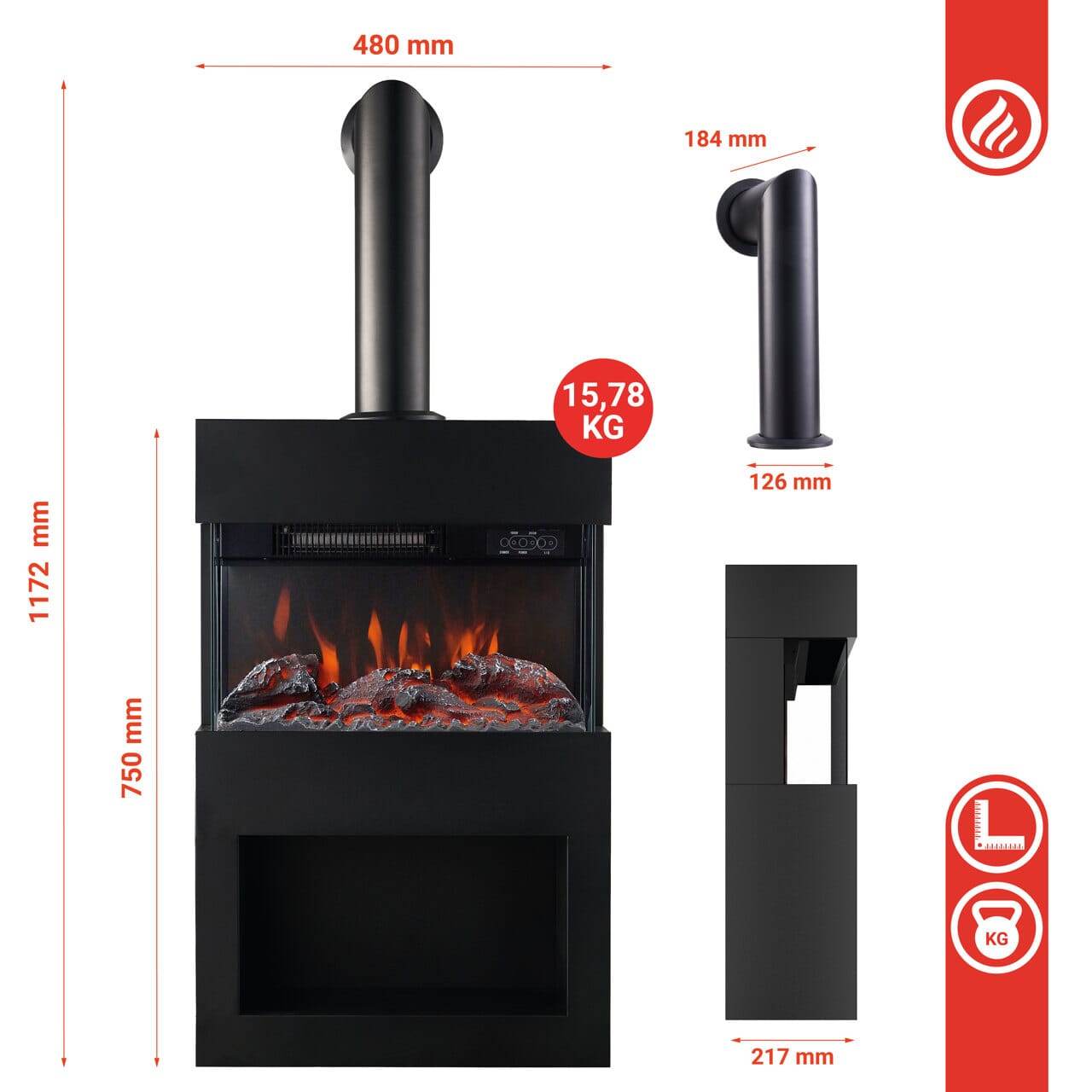 KAMINIO Elektrokamin HENRI mit Ofenrohr - mit Heizung Holzfach Schwarz - Palo24
