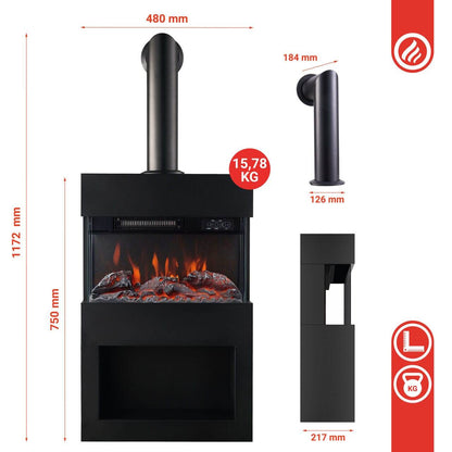 KAMINIO Elektrokamin HENRI mit Ofenrohr - mit Heizung Holzfach Schwarz - Palo24