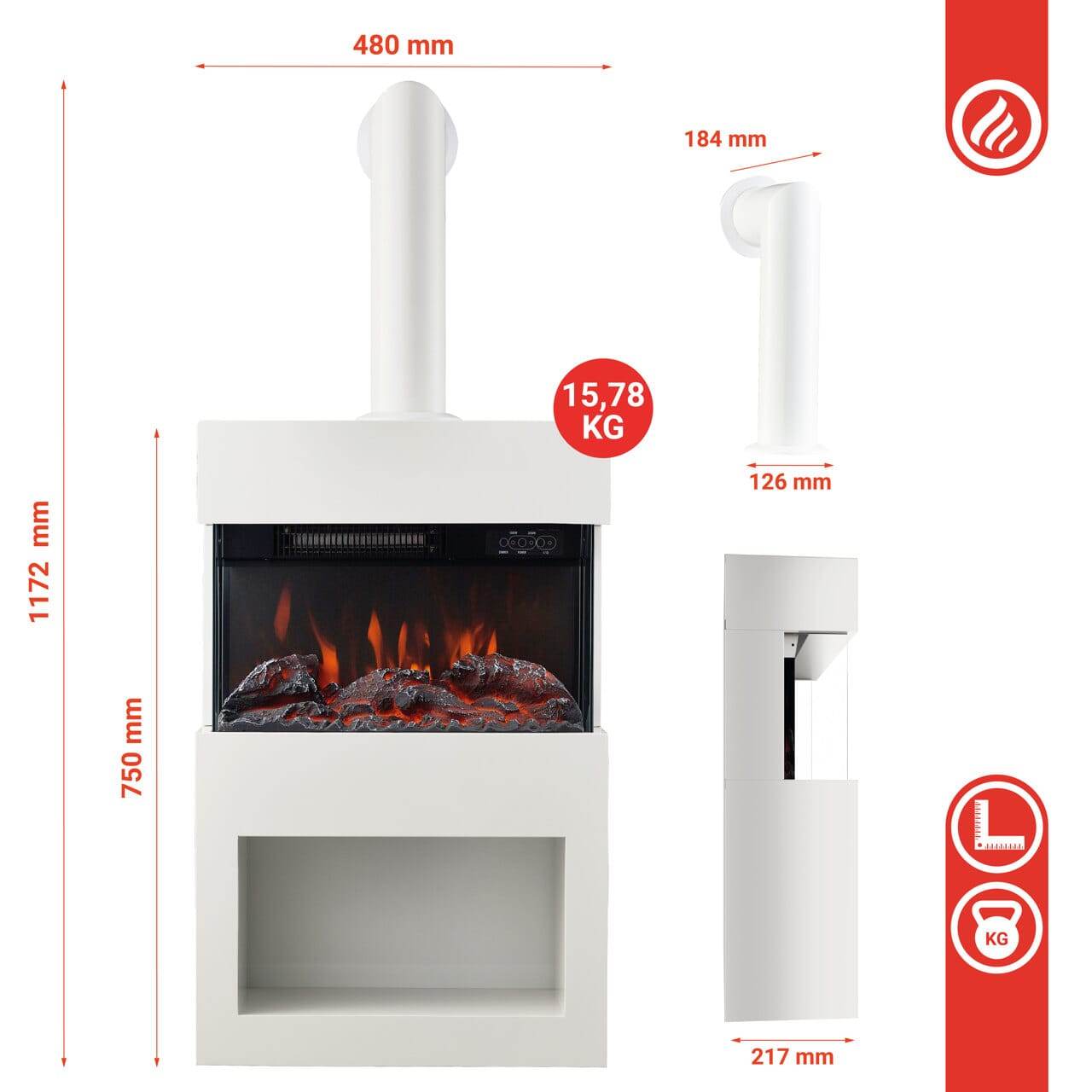KAMINIO Elektrokamin HENRI mit Ofenrohr - mit Heizung Holzfach Weiss - Palo24