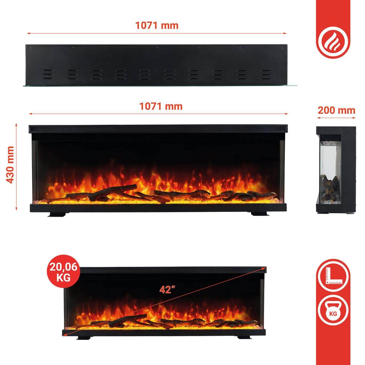 KAMINIO 3-in-1 Elektrokamin LEA - Panoramaview 42 Zoll Schwarz - Palo24