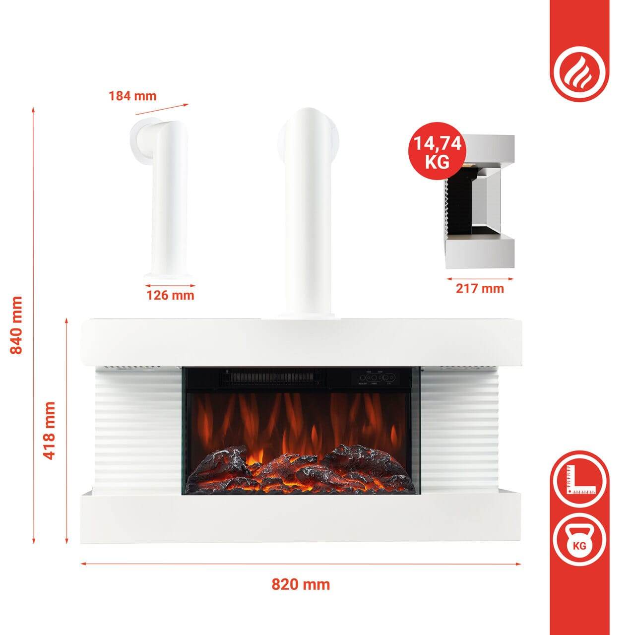 KAMINIO Elektrokamin LIZ mit Ofenrohr - Elektrischer Wandkamin mit Heizung Weiss - Palo24