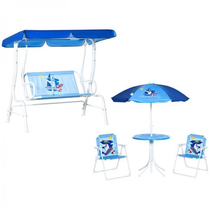 4-teiliges Gartenmöbel-Set für Kinder, mit Hai-Motiv, 1 Hollywoodschaukel, 2 Stühle, 1 Sonnenschirm mit Tisch, Blau