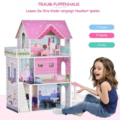 Puppenhaus aus Holz Puppenstube Barbiehaus 3 Etagen