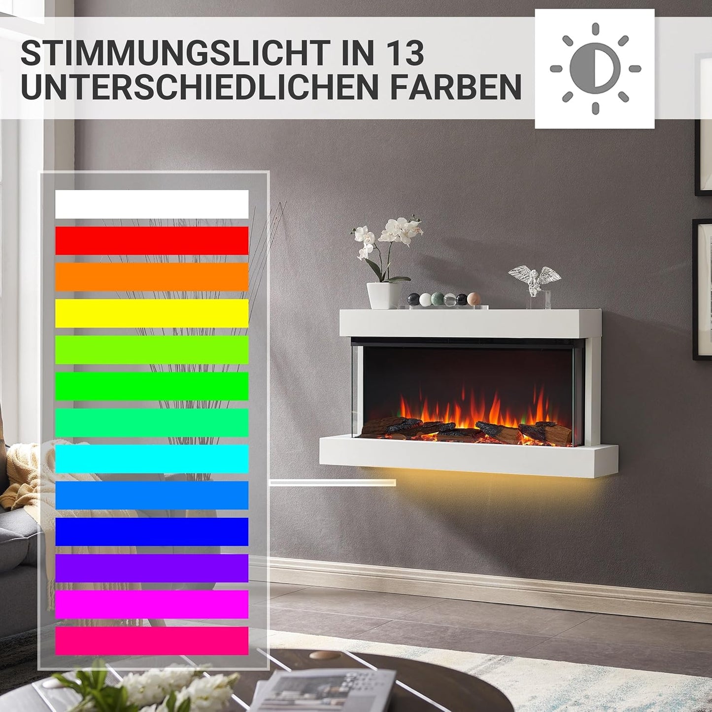 Elektrischer Wandkamin mit 3D-Flammeneffekt | Heizung 1500W, LED-Beleuchtung | Weiss