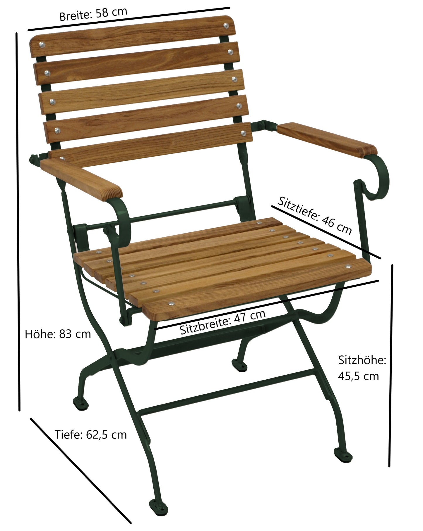 Klappstuhl Klappsessel Biergartenstuhl PASSAU, Flachstahl dunkelgrün + Robinie