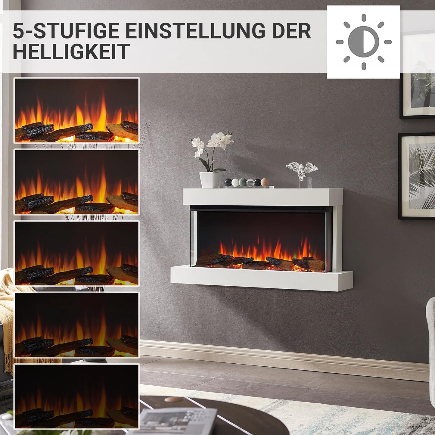 Elektrischer Wandkamin mit 3D-Flammeneffekt | Heizung 1500W, LED-Beleuchtung | Weiss