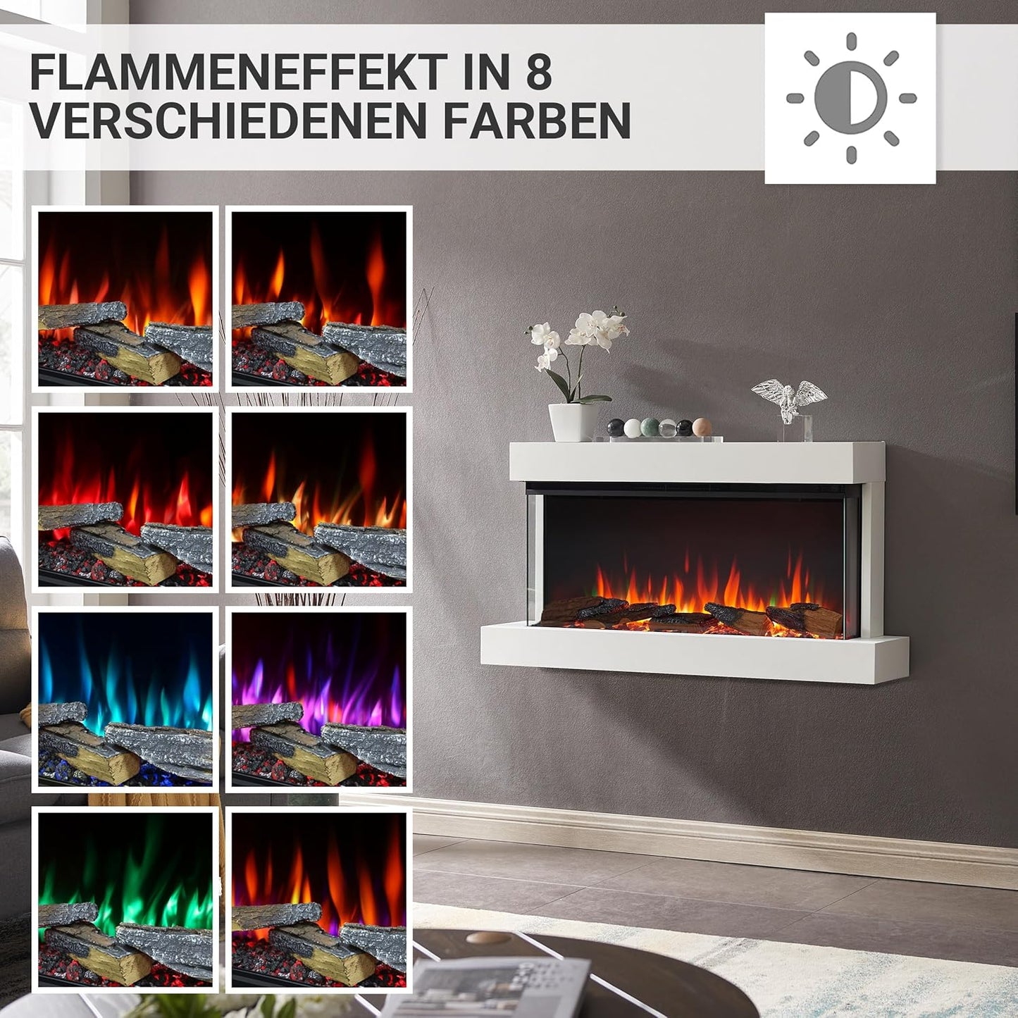 Elektrischer Wandkamin mit 3D-Flammeneffekt | Heizung 1500W, LED-Beleuchtung | Weiss