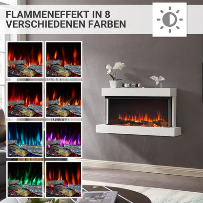 Elektrischer Wandkamin mit 3D-Flammeneffekt | Heizung 1500W, LED-Beleuchtung | Weiss