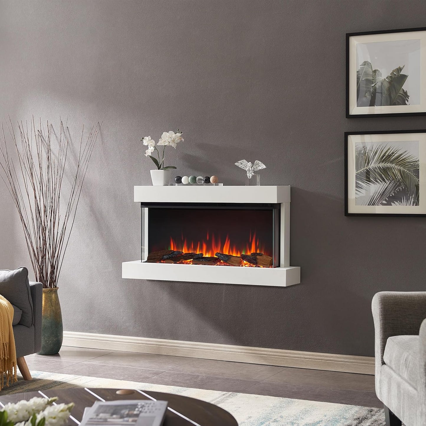 Elektrischer Wandkamin mit 3D-Flammeneffekt | Heizung 1500W, LED-Beleuchtung | Weiss