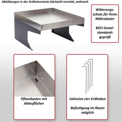 Mähroboter-Garage mit Pflanzkasten Dach Unterstand für Rasenmäher, Metall 37x60x70cm ~ Edelstahl, anthrazit