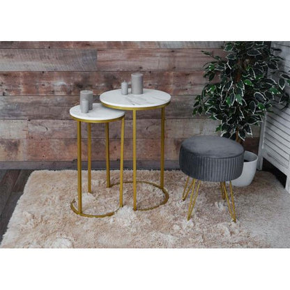 Lot de 2 tables d'appoint, table basse, table de chevet, table de salon, aspect marbre, MDF certifié FSC ~ or blanc