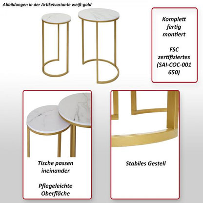 Lot de 2 tables d'appoint, table basse, table de chevet, table de salon, aspect marbre, MDF certifié FSC ~ or blanc