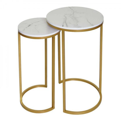 Lot de 2 tables d'appoint, table basse, table de chevet, table de salon, aspect marbre, MDF certifié FSC ~ or blanc