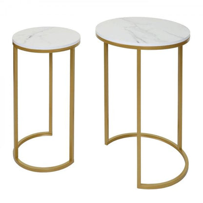 Lot de 2 tables d'appoint, table basse, table de chevet, table de salon, aspect marbre, MDF certifié FSC ~ or blanc