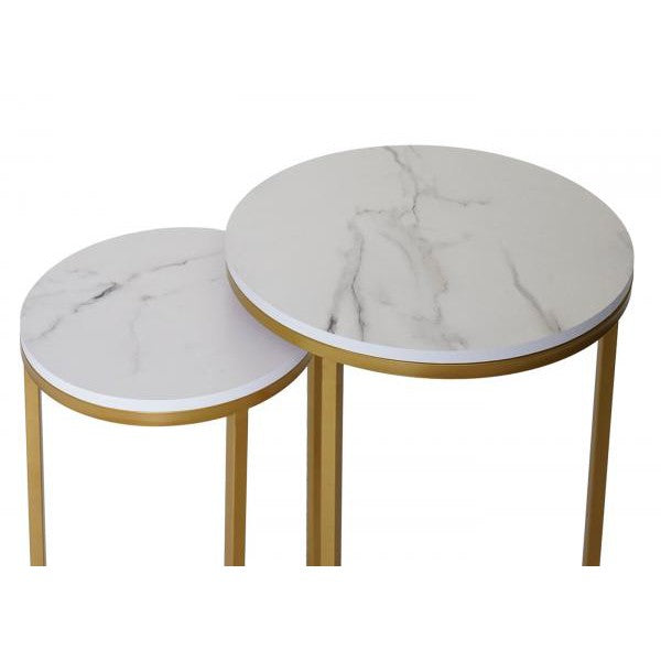 Lot de 2 tables d'appoint, table basse, table de chevet, table de salon, aspect marbre, MDF certifié FSC ~ or blanc