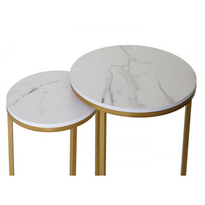 Lot de 2 tables d'appoint, table basse, table de chevet, table de salon, aspect marbre, MDF certifié FSC ~ or blanc