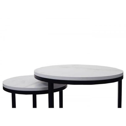 2er-Set Beistelltisch Kaffeetisch Loungetisch, Marmor-Optik FSC-zertifiziert MDF ~ weiss-schwarz