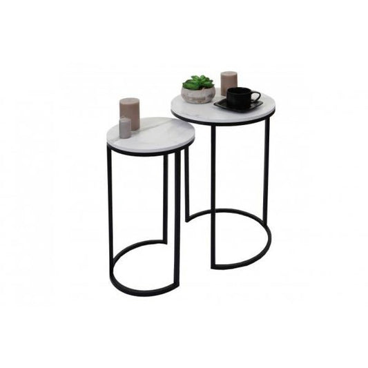 Lot de 2 tables d'appoint, table basse, table de salon, aspect marbre, MDF certifié FSC ~ blanc-noir