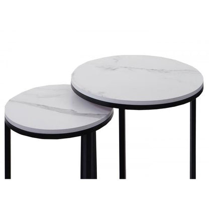 2er-Set Beistelltisch Kaffeetisch Loungetisch, Marmor-Optik FSC-zertifiziert MDF ~ weiss-schwarz