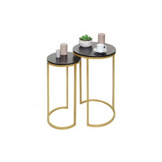 Lot de 2 tables d'appoint, table basse, table de chevet, table de salon, aspect marbre, MDF certifié FSC ~ noir et doré