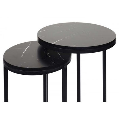 2er-Set Beistelltisch Kaffeetisch Loungetisch, Marmor-Optik FSC-zertifiziert MDF schwarz schwarz