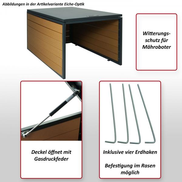 XL Mähroboter-Garage mit Deckel Dach Unterstand für Rasenmäher, WPC Metall 100x60x50cm ~ Eiche-Optik