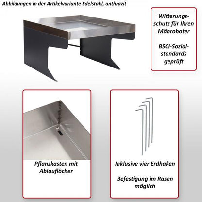 XL Mähroboter-Garage mit Pflanzkasten Dach Unterstand für Rasenmäher, Metall 47x70x100cm ~ Edelstahl, anthrazit