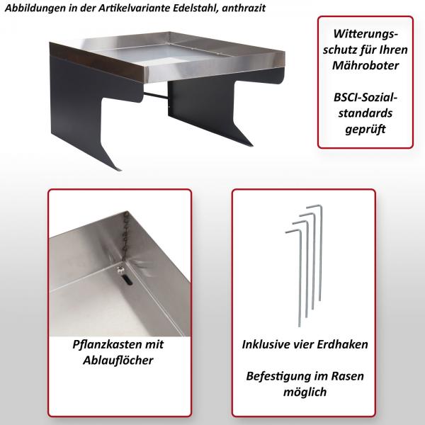 XL Mähroboter-Garage mit Pflanzkasten Dach Unterstand für Rasenmäher, Metall 47x70x100cm ~ Edelstahl